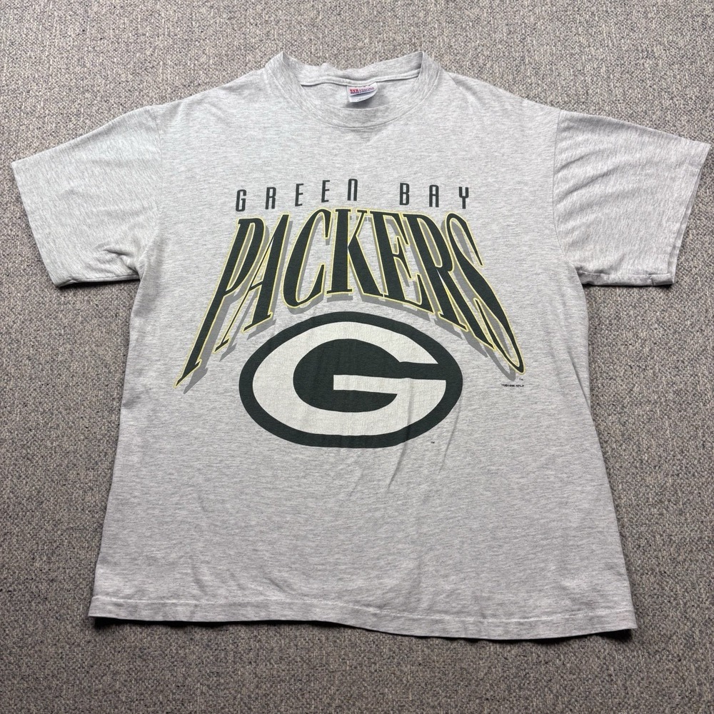 Green Bay Packers T Shirt USA Made Single Stitch NFL Logo Hanes L Gray VTG 1996
